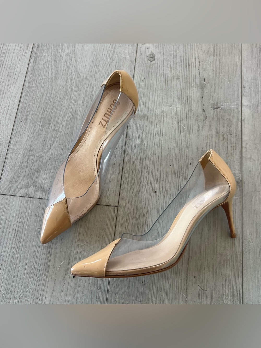SCHUTZ Beige Patent and Clear Pointed-Toe Pumps